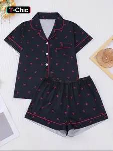 Women's Cherry Print Crop Shirt & Elastic Waist Shorts Pyjama Set, Casual Comfy Short Sleeve Top & Shorts PJ Set, Ladies Sleepwear for All Seasons Pajama Set