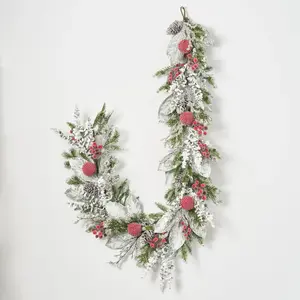 Holiday Frost - Snow Magnolia, Eucalyptus, Red Berry & Pine Cone Winter Holiday Mantle Christmas Garland