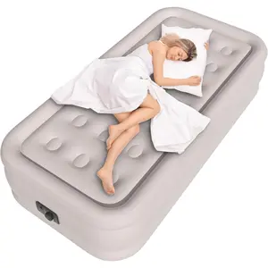 Air Mattress with Built in Pump, Single Blow up Air Bed with Portable Storage Bag, Suitable for  and Guests, Top Flocking, 18"  Khaki