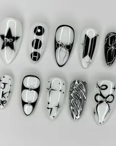 Press On False Nails, EKpop Concert-Ready Black White Monochromatic Hand-Painted Jungkook JK Custom Kpop Merch Gift for Nail Art Enthusiasts