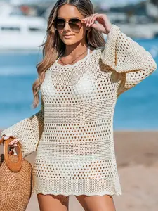 Women's Sexy Crochet Beach Cover Up - Long Sleeve Hollow Out Knit Tunic Dress for Swimwear Bikini Summer Vacation