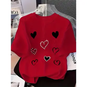 Heart Pattern Graphic Cotton T-Shirt For Women, Summer Casual Elegant Fashion Outfit, Comfort Oversized Cute Crew Neck Tee, Perfect Valentine's Day Holiday Gift For Her