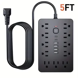 [Surge Protector Power Strip] 17-in-1 Surge Protector Power Strip With USB Port- Compact Wall Mount Charging Station With 11 AC Outlets, 4 USB-A Ports, 2 Type-C, 5FT/10FT Extension Cord For Home, Office, School, Dorm And Travel,  Color: Black Size: 5ft