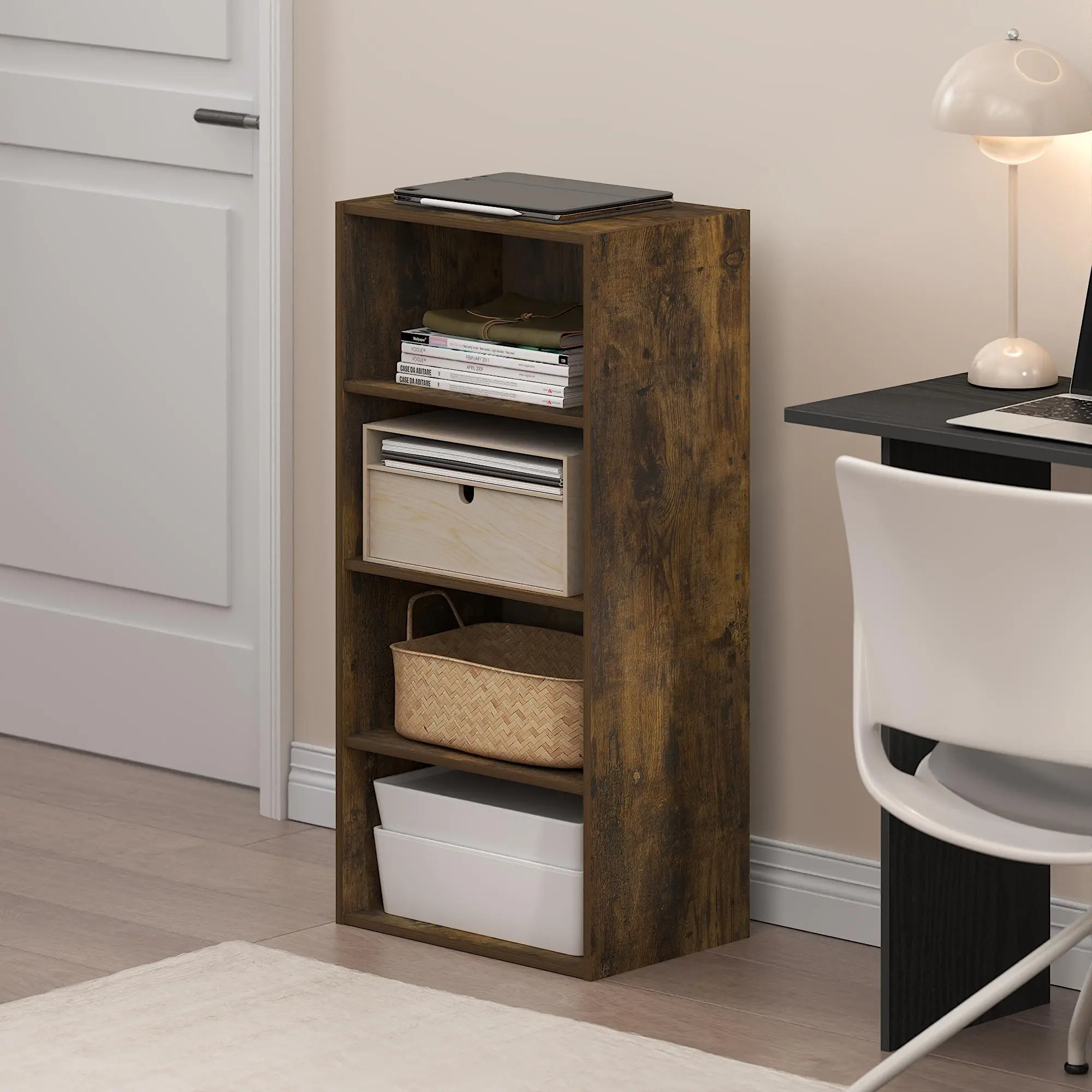 BASIC Bookcase, 4-Tier Bookcase with Open Shelf, Cube Storage Bookcase, 11 x 17 x 35, for Living Room Bedroom Home Office, Amber Pine Modern Bookshelf Bookshelf With Drawers