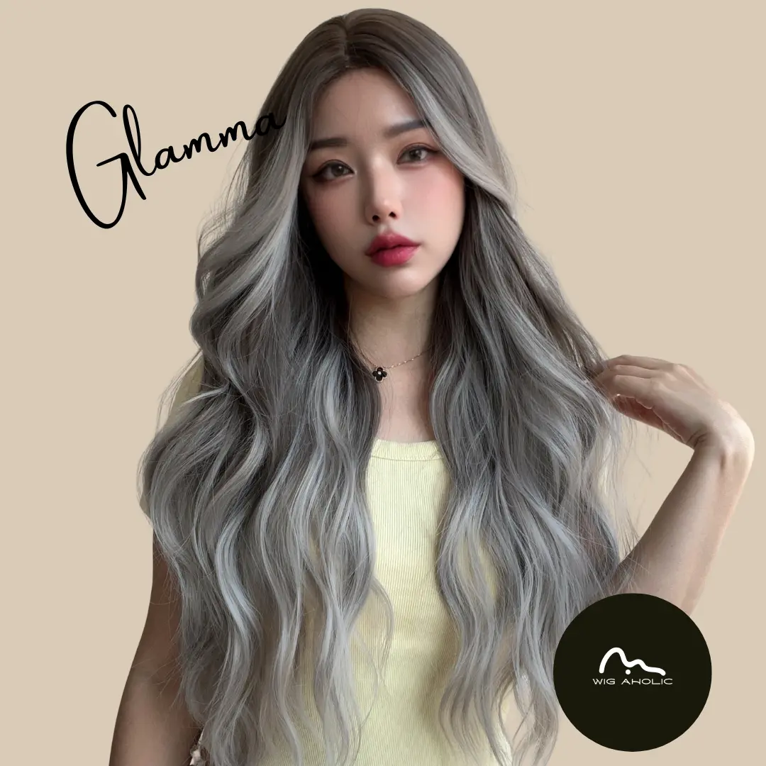 GLAMMA【WA-SM1619】 26" Lace Front Wavy Synthetic Ash Gray wig for Daily Use/Party