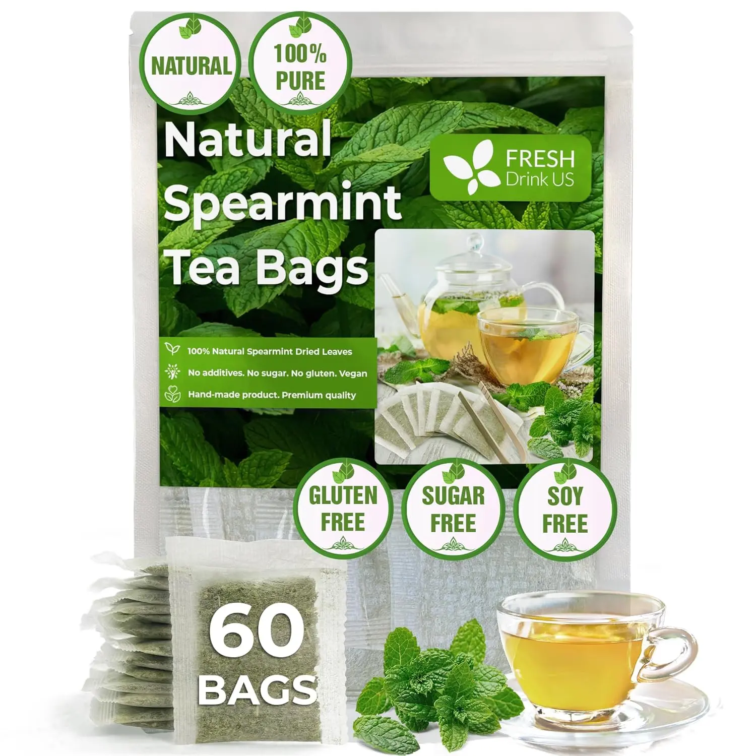 【FreshDrinkUS】 60 Spearmint Tea Bags, 100% Natural & Pure Spearmint Leaves. Loose Leaf Spearmint Herbal Tea. Spearmint Leaf Tea. No Sugar, No Caffeine, No Gluten, Vegan. Beverage