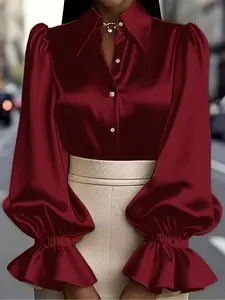 Women's Solid Color Fashion Bell Sleeve Long Sleeve Button Shirt, Stylish Casual Blouse for Daily Wear, Ladies' Clothing