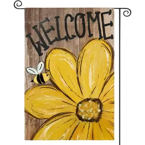 One Piece Bee Sunflower Spring Summer Garden Flag, 12x18 Inch Dual-Sided Outdoor Flag, Welcome Wood Grain Courtyard Flag, Artificial Lawn Decor, Outdoor Patio, Garden Accessories