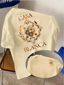 Men's Vintage Luxury Casa Blanca Pattern Fitted T-Shirt, Bold Letter & Olive Leaf Wreath Design, Print, Casual, Summer Short Sleeve