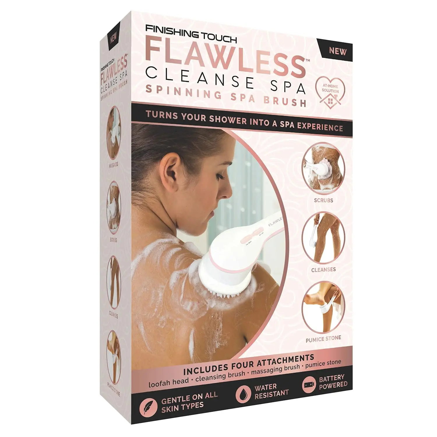 Finishing Touch Flawless Cleanse Spa spinning shower brush with three included heads for cleansing, exfoliating, and massaging