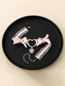 "Pastel Pink Lace Heart Choker - Bow & Rose Accents | Romantic Gothic Statement Necklace | Adjustable Fashion Jewelry for Women"