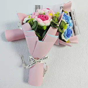 Crochet Flower Bouquet perfection Handmade Knitted Pink Blue Roses Eternal Bouquets Knitted Artificial Permanent Flowers Exquisite Packaging Gift for Girlfriend & Boyfriend & For Valentine's Day & Weddings Ornaments & Home Decor Decorative gifts boyfriend