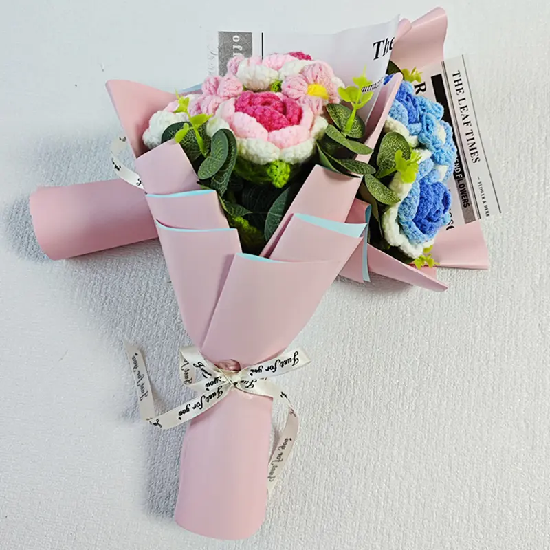 Crochet Flower Bouquet perfection Handmade Knitted Pink Blue Roses Eternal Bouquets Knitted Artificial Permanent Flowers Exquisite Packaging Gift for Girlfriend & Boyfriend & For Valentine's Day & Weddings Ornaments & Home Decor Decorative gifts boyfriend