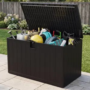 130 Gallon Outdoor Storage Box with Hydraulic Soft-Close Lid, Heavy Duty Resin Deck Bench, Lockable Weatherproof Patio Storage Chest with 2-Person Seat, Black