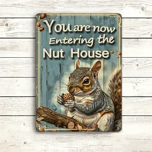 Funny "Nut House" Squirrel Tin Sign-You Are Now Entering The Nut House Funny Squirrel Metal Tin Sign - Vintage Rustic Wall Decor for Home, Cabin, Man Cave, 8x12 Inch Waterproof Metal PlaqueRetro Wall Art for Home, Garage, Bar, Farmhouse