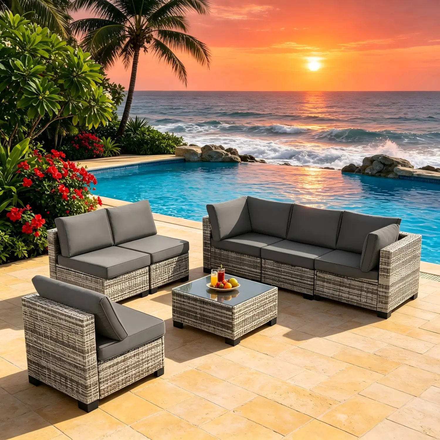 Dufominc 7pcs Modular PE Wicker Sectional Outdoor Furniture Sets - Family-Friendly, Eco-Friendly Rugged Multiple-Seat Washable Couch with Waterproof Pads, Thick Soft Cushions, Tempered Glass Table for Garden, Backyard, Sturdy, Watch Party