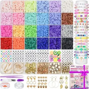 6000 Clay Beads Bracelet Making Kit, 24 Colors Flat Preppy Beads for Friendship Bracelets, Polymer Clay Bead with Charms for Jewelry Making, Crafts Gifts for Girls Ages 6-12