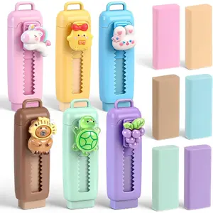 6 Set Cute Retractable Erasers with Refills Bulk Kawaii Cartoon Fun Push Pull Sliding Erasers for Teacher Rewards Gift Party Favor Supplies Office Accessories