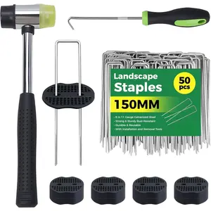 6 Inch Landscape Fabric Staples, 50 count Garden Stakes Galvanized +50Pcs Gasket +Pick Hook +Rubber Mallet, U Shaped Weed Barrier Stakes 11 Gauge Lawn Staples Landscape Pins for Yard, Sod, Weed Mat
