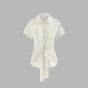 Cider [size 2-10] Collar Striped Knotted Short Sleeve Shirt