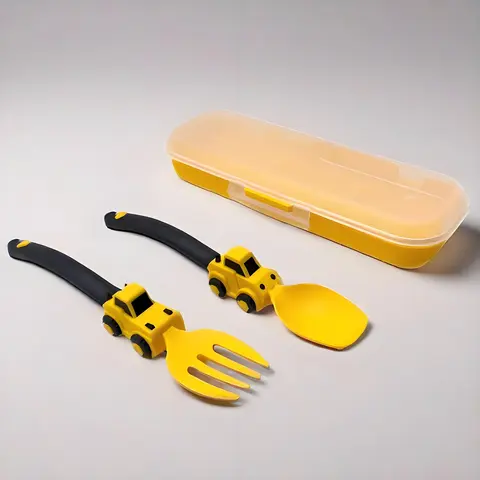 Kids Car-Themed Plastic Cutlery Set with Forks & Spoons, Soft-Grip Handles, Dishwasher Safe, Portable Design, Ideal Tableware Kit for Home & Travel Use