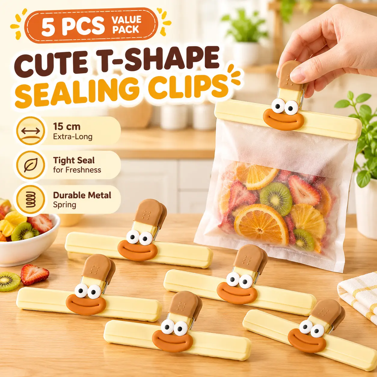 5 Cute Duck Sealing Clips, Strong Clamping Clips for Plastic Food Bags, Suitable for Potato Chips, Bread, Pet Food Bags, Reusable Snack Bag Sealing Clips, Keeps Food Fresh, Suitable for Kitchen Food Storage..