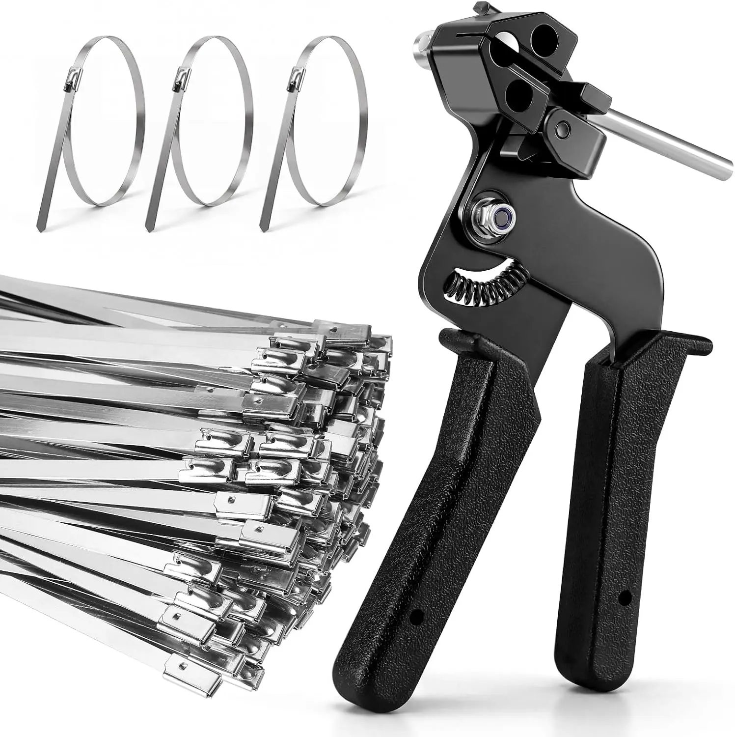 Metal Zip Tie Gun Kit with 100 Pcs 11.8" Stainless Steel Cable Ties | Pro Tension & Flush Cut Tool, Tie Organizer & 304 SS Ties wraps for HVAC, Chainlink Fences, Exhaust Wrap and Industrial Use.