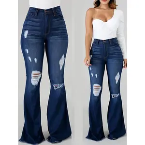Women's High-Waisted Flare Jeans with Elastic Waistband �C Comfortable, Hip-Lifting, Ripped Denim in Blue with Raw Hem Detail, Ideal for Casual Wear, Plus Size Jeans