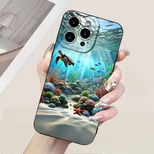 One Piece of a Creative Phone Case Featuring a Seabed And Turtle Design, Made of TPU Material, Providing Shockproof Protection for Various Iphone Models Including 16, 15, 14, 13, 12, 11 Pro Max/Plus/Pro/Mini, XR, XS, X Max, And 7 8G Plus SE.