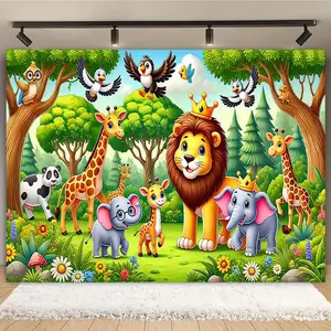 1pc Multifunctional Polyester Celebration Backdrop - Jungle Animal Theme, Durable No-Power-Needed Party Wall Hanging for Weddings, Birthdays, Anniversaries, Christmas, New Year, Valentine's, Machin