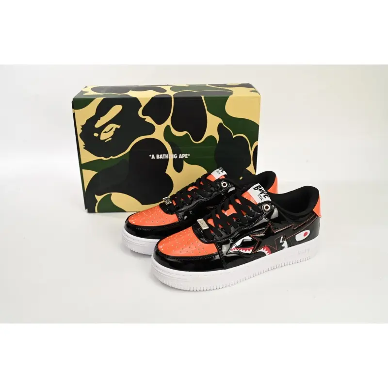 Non-slip Thick White Rubber Outsole Orange Black Patent Leather Sneakers Shark Graphic Print Lace Up Shoes For City Stroll Weekend Hang Shopping Trips