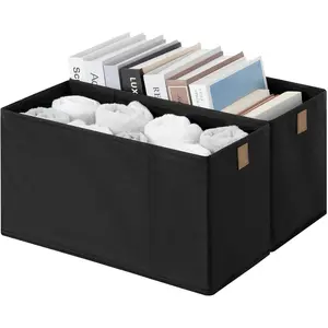 Long Narrow Storage Basket Collapsible Fabric Storage Bins Small Organizing Baskets with PU Handle Great for Clothes Towels Socks Black 2-Pack