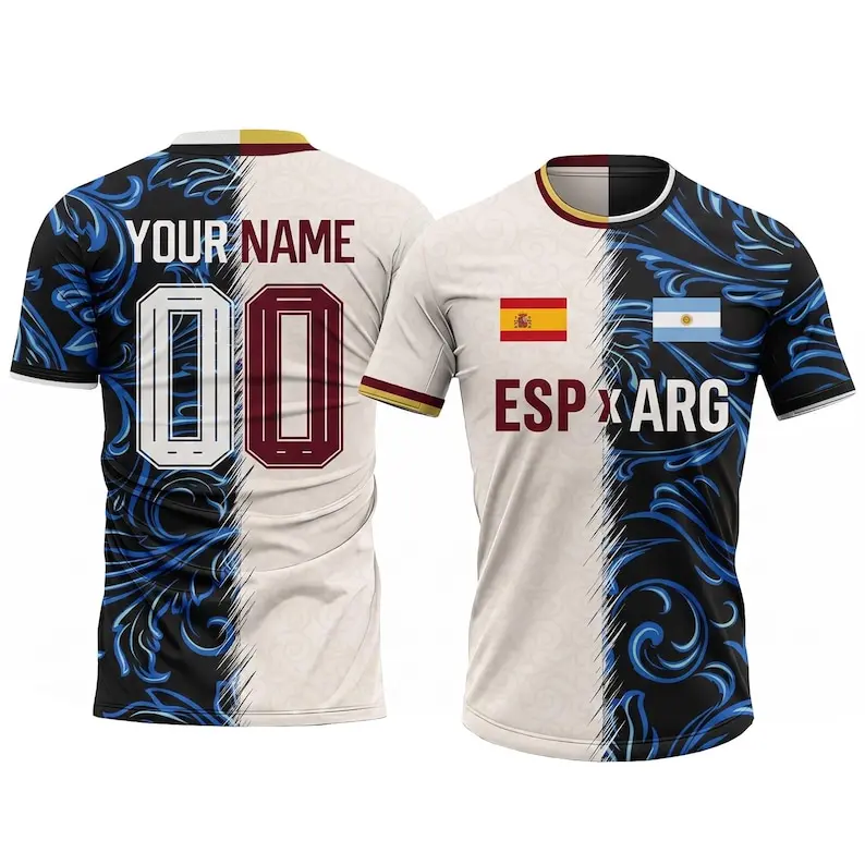 Custom Half and Half Soccer Jersey Spain and Argentina 2026 Men, Personalized Two Country Football Jersey Shorts for Sports Fans