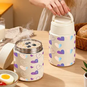 1pc 27/17oz Insulated Food Jar with Gradient Purple and Peach Hearts Pattern, Lunch Vacuum Soup Thermos For Hot Food with Inserts Stackable Bento Box Storage Container,Width Mouth Stainless Steel Portable Insulat Leakproof Insulated Lunchbox
