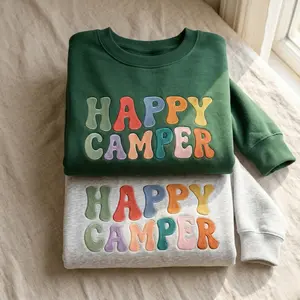 Embroidered Happy Camper Sweatshirt, Unisex Men Gifts Crewneck pullover