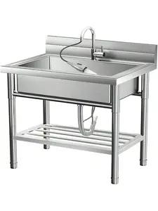 "Stainless Steel Utility Sink, Free Standing Single Bowl Laundry Sink With Cold And Hot Water Pipes&Pull-Down Faucet Commercial Sink For Restaurant Indoor And Outdoor Sink  Free Standing Stainless-Steel Sink,Outdoor Kitchen