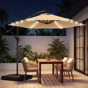 10FT Solar Offset Patio Umbrella with Base Included, 5-Year Fade-Resistant Canopy, 45° Easy Tilt Crank, 30MPH Wind-Resistant, Cantilever Hanging Umbrellas for Pool, Deck, Patio, fathersdaygift