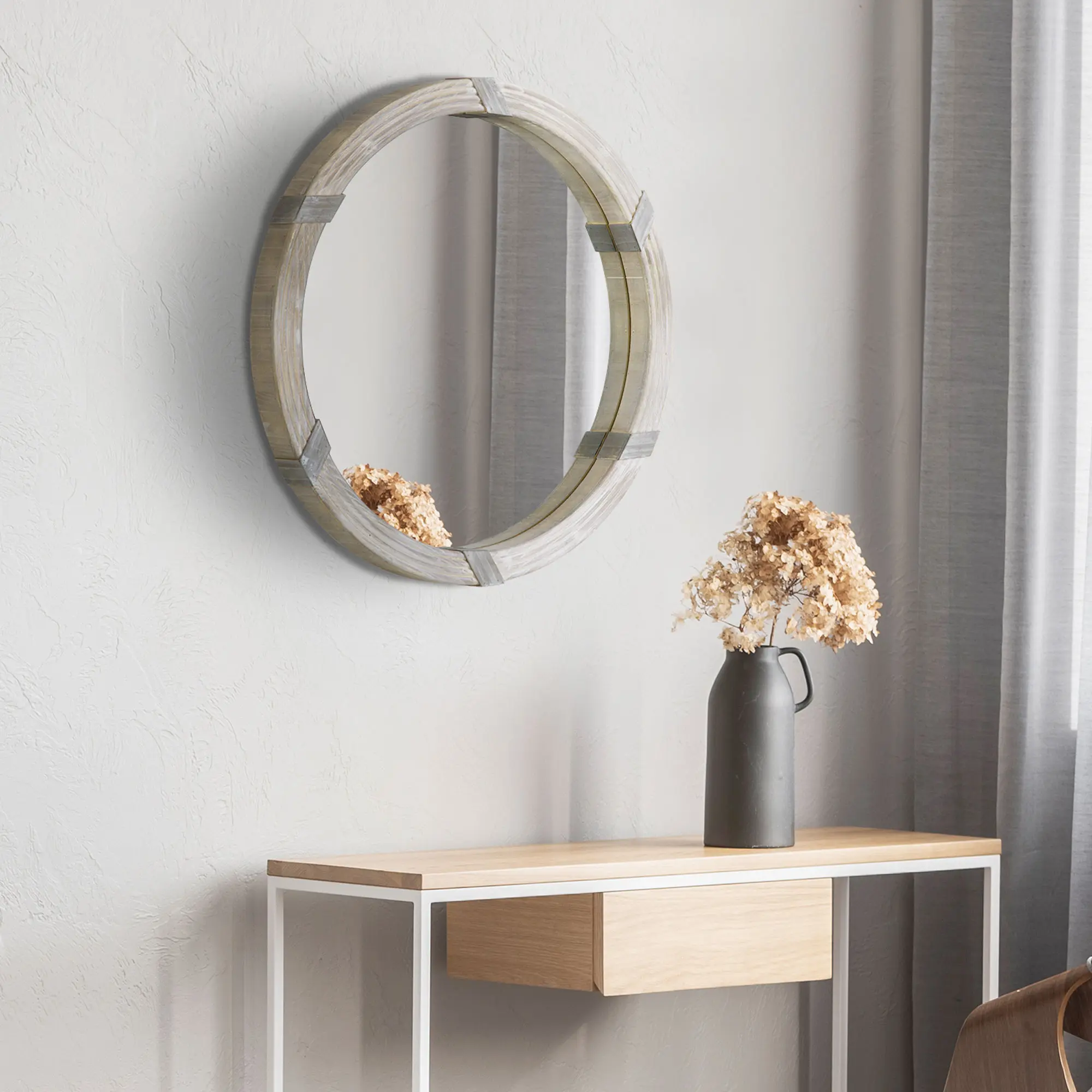 30.75" Wood Wall Mirror, Farmhouse Decorative e Round Mirror for Wall Decor in Living Room, Bedroom, Natural Wood Color