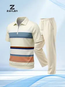 Men's Half Zip Polo Pants Set, Country Club Golf Outfit, Short Sleeve Color Stripe Shirt & Straight Leg Drawstring Pants, Lightweight Smart Casual Set