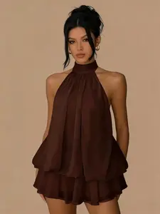 LikeMyChoice 2026 Halter Neck Tiered Ruffle Chiffon Mini Dress (Multiple Colors/Prints)