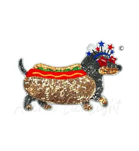 4th of July Dog Hot Dog Sequin Patch - Large