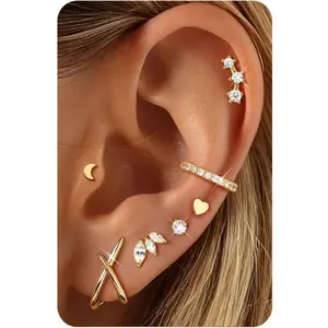 YADOCA 6Pairs Earrings for Women Trendy Hypoallergenic Surgical Steel Earring Stacks 14K Plated Gold Cartilage Earring Sets for Multiple Piercing Small Cute CZ Studs Cuffs Women's Dainty Jewelry Gifts Gold/Silver