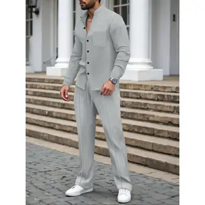 Men's Spring and Autumn New Style Set, standing collar pocket long sleeved waffle knit top, drawstring waffle knit pants, multifunctional comfortable clothingRAIMENTRY