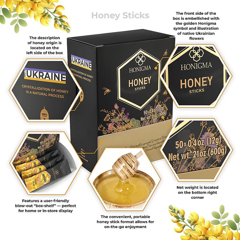 HONIGMA Deliciously Sweet Acacia Honey Sticks - 50 Count (12g each) | Pure Ukrainian Honey | Sustainably Sourced | Bursting with Flavor & Health Benefits