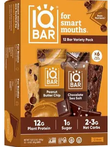 IQBAR Plant Protein Bars Chocolate Sea Salt and Peanut Butter Chip Variety Pack, 12g Protein, 12 ct.