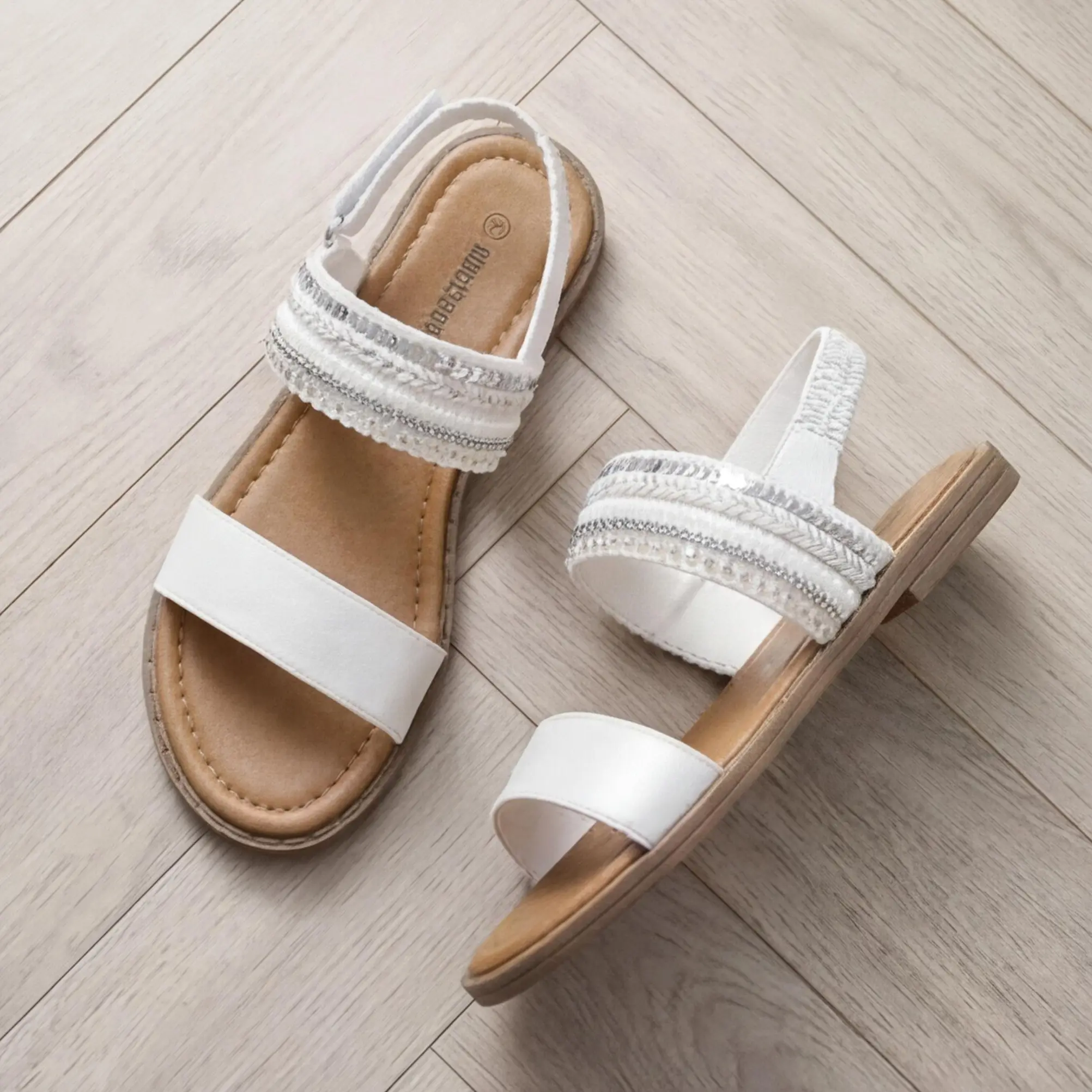 shoeslocker Girls' Flats Pearl & Rhinestone Embellished Strappy Slip-On Open Toe Sandals in White & Silver for Parties Weddings & Summer Events with Adjustable Ankle Strap and Cushioned Comfort