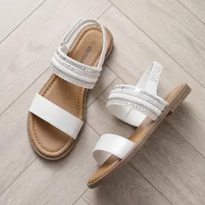 shoeslocker Girls' Flats Pearl & Rhinestone Embellished Strappy Slip-On Open Toe Sandals in White & Silver for Parties Weddings & Summer Events with Adjustable Ankle Strap and Cushioned Comfort