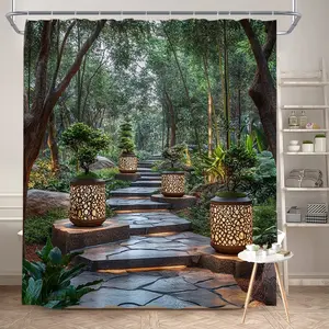 1Pc Nature-Inspired Bath Curtain Polyester Fabric Bathroom Decor Bathtub Divider Hanging Curtain 70.8x70.8 Inch with 12 Hooks Featuring Elegant Garden Scene Lanterns, Tree and Lush Greenery for Calming Atmosphere