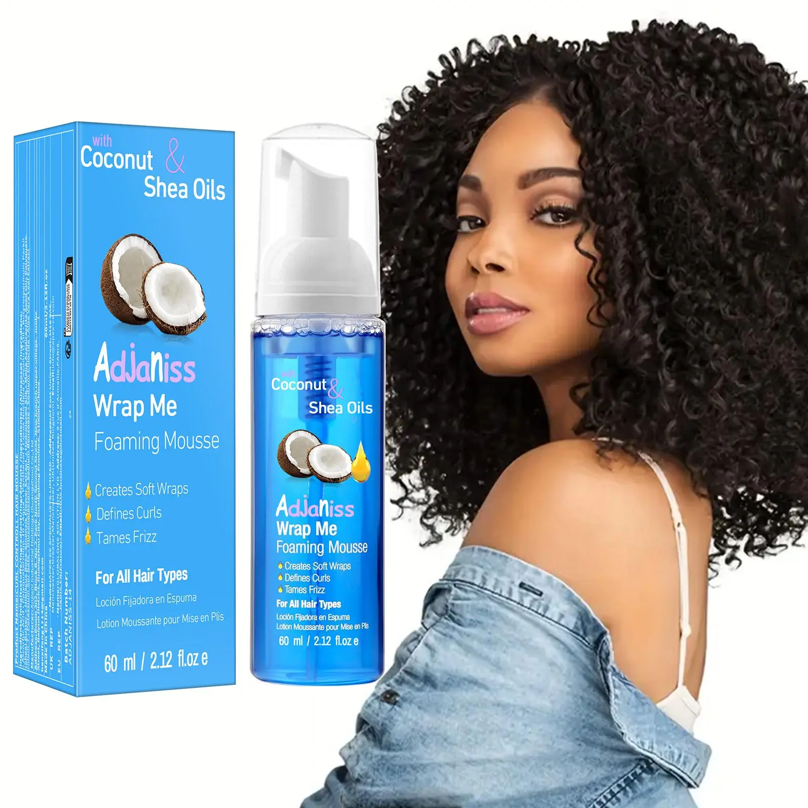 Adjaniss Foam Mousse 60ML with Coconut Oil and Shea Butter, Soft Wrap Styling for Curly Hair, Curly Hair Products, Smooths Frizz, Frizz Control, Suitable for All Hair Types
