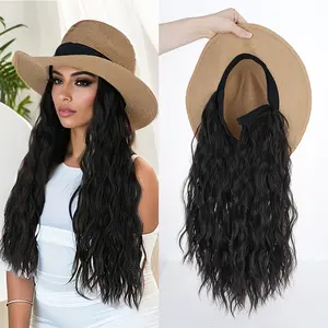 16inch Straw Sun Hat with Hair Extension Wavy Curly Wig Adjustable Cap Detachable Hairpiece, Synthetic Hair Versatile Summer Beach Cap with Hair Extension For Summer Travel